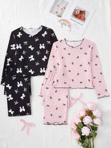 Genkimix Kids 2pcs/Set Girls Bow Print Knit Crew Neck Long Sleeve Top And Pants 4-Piece Pajama Set, Spring/Autumn