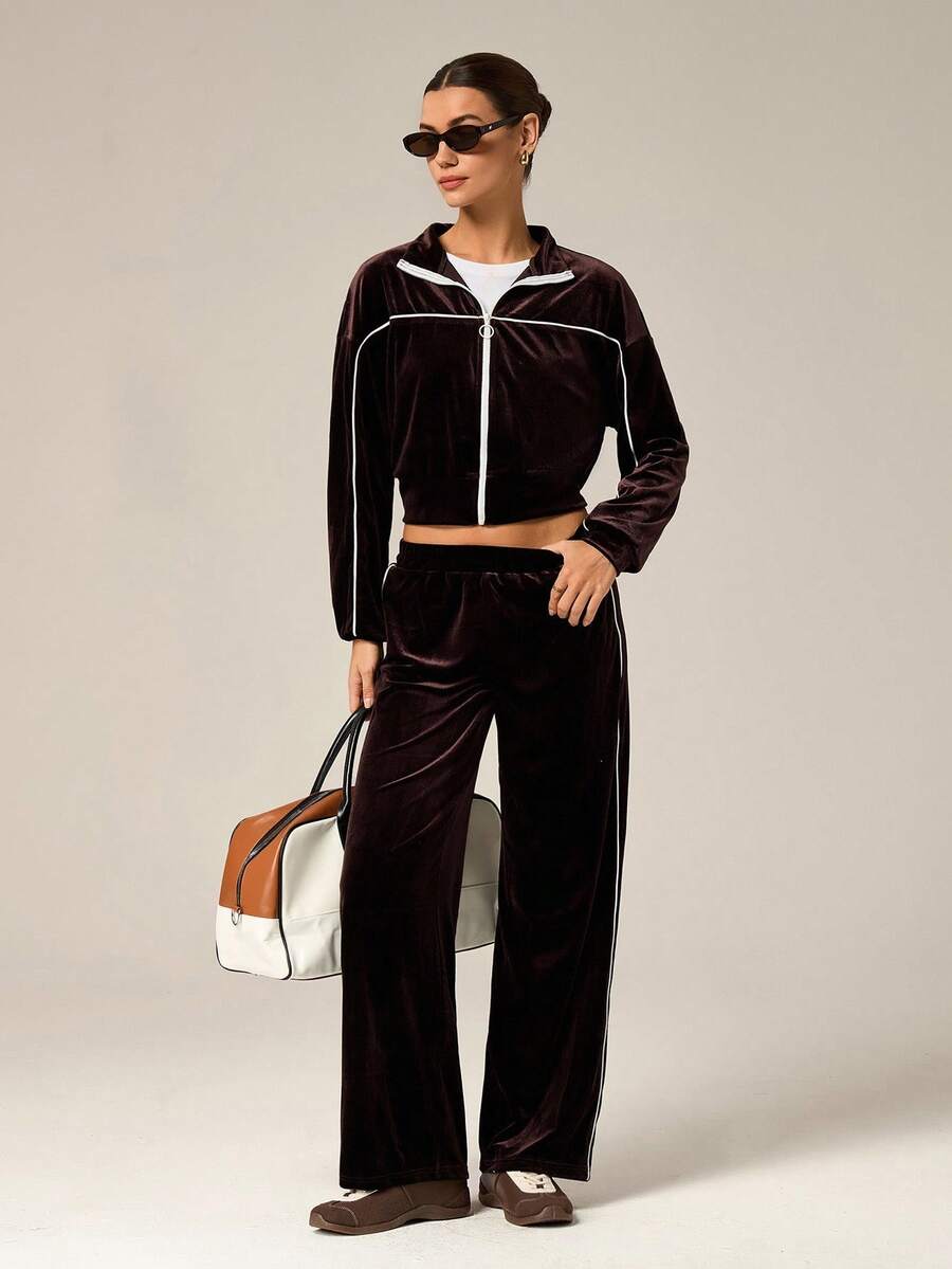 Hanevo Contrast Color Velvet Sporty Casual Tracksuit - Coffee Brown - View 1