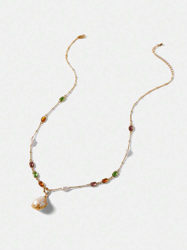 FAUX PEARL & RHINESTONE VINTAGE CHAIN NECKLACE