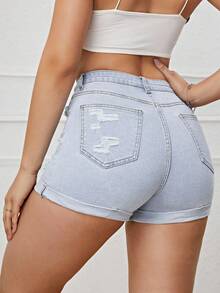 Women's Casual Ripped Pocket Denim Shorts - Blue - View 2