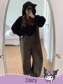 DAZY HELLO KITTY AND FRIENDS | SHEIN Flannelette Embroidery Cartoon Letter Pattern Contrast Raglan Sleeve Zip Up 3D Ears Hooded Romper Pajama - Black - View 4