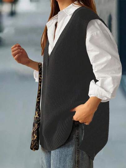 Calvaya 大码休闲宽松纯色V领毛衣背心