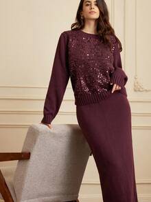 Aveloria Rosie 2件套亮片装饰宽松毛衣+中长裙 - 中紫紅色 - 查看 4