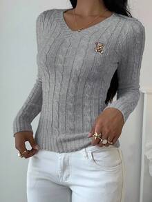 SHEIN EZwear 女式卡通熊刺绣扭纹针织 V 领长袖修身毛衣，秋冬女式毛衣套头衫针织上衣，秋季 - 灰色 - 查看 7