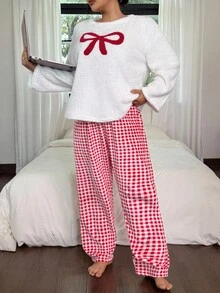 SHEIN 两件套加大码女式冬季抓绒蝴蝶结刺绣长袖上衣和格子裤蓬松睡衣套装，秋冬服装，舒适保暖套装 - 紅白色 - 查看 5