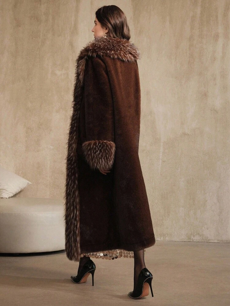 Abrigo largo de piel sintética esponjosa de dos colores de moda para mujer, otoño/invierno