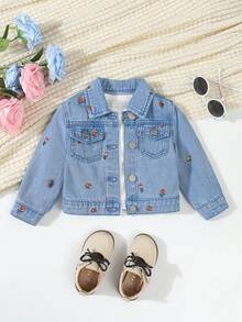 Áo khoác denim giặt màu xanh nhạt cho bé gái, áo khoác cardigan thêu hoa thường ngày cho bé gái, vải mềm mại và thoải mái, quà tặng lý tưởng, hoàn hảo cho ngày lễ và mặc ngoài trời - Rửa trung bình - Xem 4