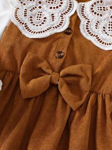 Elladie kids Robe de mode confortable pour l'automne/hiver avec col à volants, manches longues, épissure blanche et décoration de nœud de café mignon pour jeune fille - Café - Voir 4