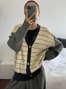 Livesso Áo khoác cardigan dệt kim dài tay họa tiết sọc khối màu đơn giản dành cho nữ, mùa thu/đông - Màu be - Xem 6