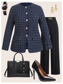Ellevyn Plus Size Women Overcoat,Elegant Navy Blue Office Jacket With Pockets,Metal Buttons,Autumn Winter Modest Costumes For Work And Commute, - Navy Blue - View 2
