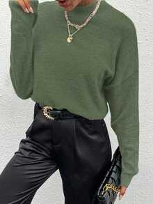 SHEIN Unity Sweater Wanita Kasual Warna Polos Leher Bulat Lengan Kelelawar, Musim Gugur/Dingin - Hijau Tentara - View 5