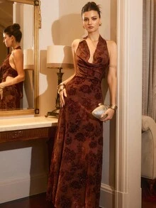 Poéselle Abito aderente di media lunghezza con stampa floreale, scollo a V profondo e schiena scoperta, di moda e sexy - Marrone ruggine - Visualizzare 4