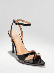 SHUZIA Giày sandal nữ mũi nhọn gót nhọn 4 inch màu đen có chi tiết khoen tròn - Thiết kế quai mảnh thanh lịch với quai đeo mắt cá chân có thể điều chỉnh cho buổi hẹn hò buổi tối quyến rũ - màu đen - Xem 5