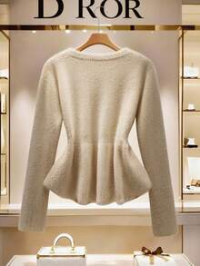 Franclia New Autumn Round Neck Waist Fitted Knit Cardigan Women, Lightweight Sophisticated Style, Slim Fit Sweater Top