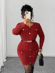 Elenzga Christmas Autumn/Winter Minimalist Loose Fit Long Sleeve Button Decor Plus Size Sweater Dress, Suitable For Wedding Guest - Red - View 7