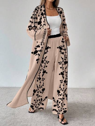 SHEIN LUNE 女士优雅时尚通勤休闲舒适迷人复古浪漫假日淑女温柔长袖开衫超长外套和直筒阔腿裤花卉印花两件套