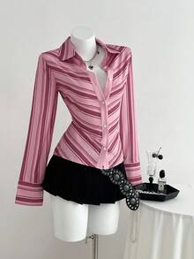 Elamini 1 Áo sơ mi nữ, Màu hồng, Hàng ngày, Đi làm, Mùa tựu trường, Sọc định vị, In kỹ thuật số, Dáng ôm vừa vặn kiểu Pháp, Nơi làm việc, Thường ngày, Thanh lịch, Cổ điển - Hồng - Xem 5