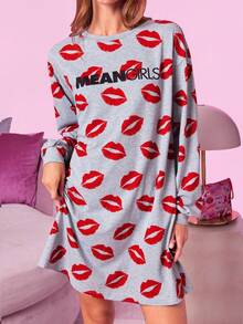 Mean Girls | SHEIN Abito da notte con stampa a labbra e motivo a lettere, scollo a goccia, per l'autunno, da donna - Grigio - Visualizzare 5