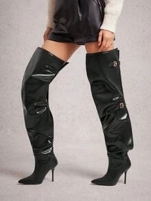 SHUZIA Fashionable Women's Black PU Over The Knee Slouch Point Toe High Heel Sexy Winter Buckle Strap Boots - Black - View 4