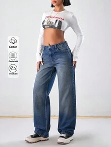 EURMUSE High Waist Mid Washed Slant Pocket Straight Jeans - Medium Wash - View 6