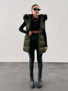 EURMUSE Padded Vest With Furry Hood And Adjustable Waist, Two Side Pockets, Thick And Fashionable Puffer Jacket, Quilting Details - Dark Green - View 8