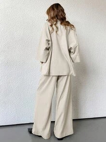 Aveloria Modichic 2 件套女士混纺侧开衩宽松衬衫和高腰阔腿裤优雅商务休闲女装 - 白色 - 查看 3