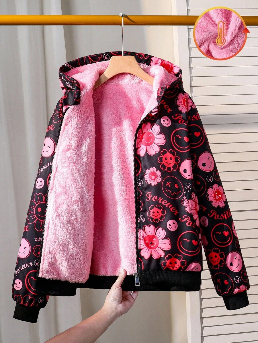 Sparklyn Chaqueta con capucha casual con forro térmico y estampado de dibujos animados para adolescentes, otoño/invierno - Negro - Ver 1