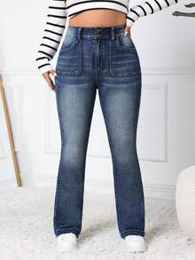 SHEIN PETITE CURVE Plus Size Women's Flare Jeans,High-Rise Bootcut Denim,Thermal Lined,Navy Blue,Summer,Smart Casual,Everyday,Classic Washed Slim Fit,Tummy Control Pants - Blue - View 5