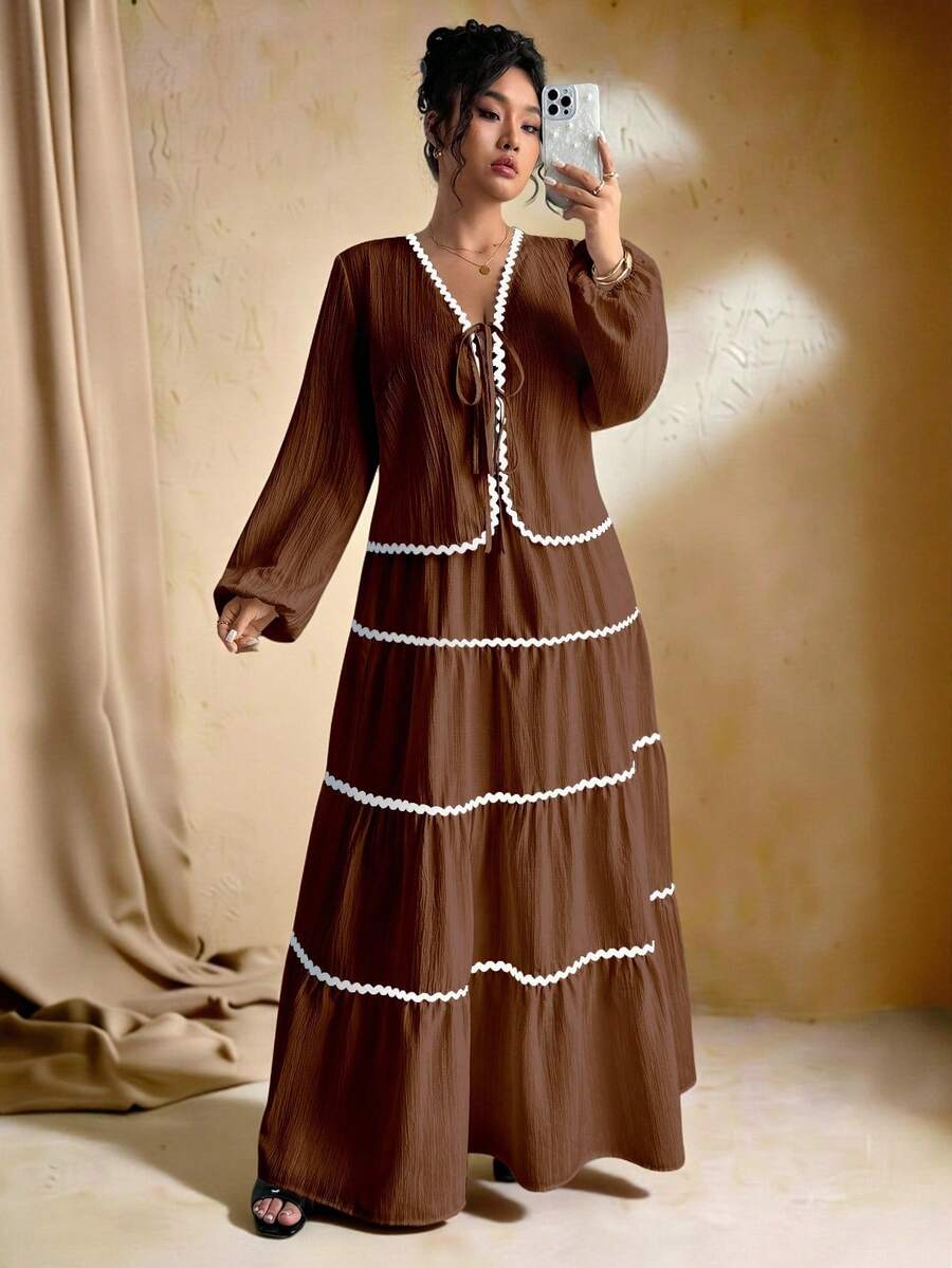SHEIN Tall 加大码女式编织纹理长袖开衫，搭配系带腰带，撞色荷叶边下摆设计，松紧腰长裙，法式优雅浪漫两件套 - 巧克力棕 - 查看 1