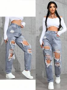 SHEIN EZwear 女士做旧水洗牛仔裤，简约设计 - 薄荷綠 - 查看 6