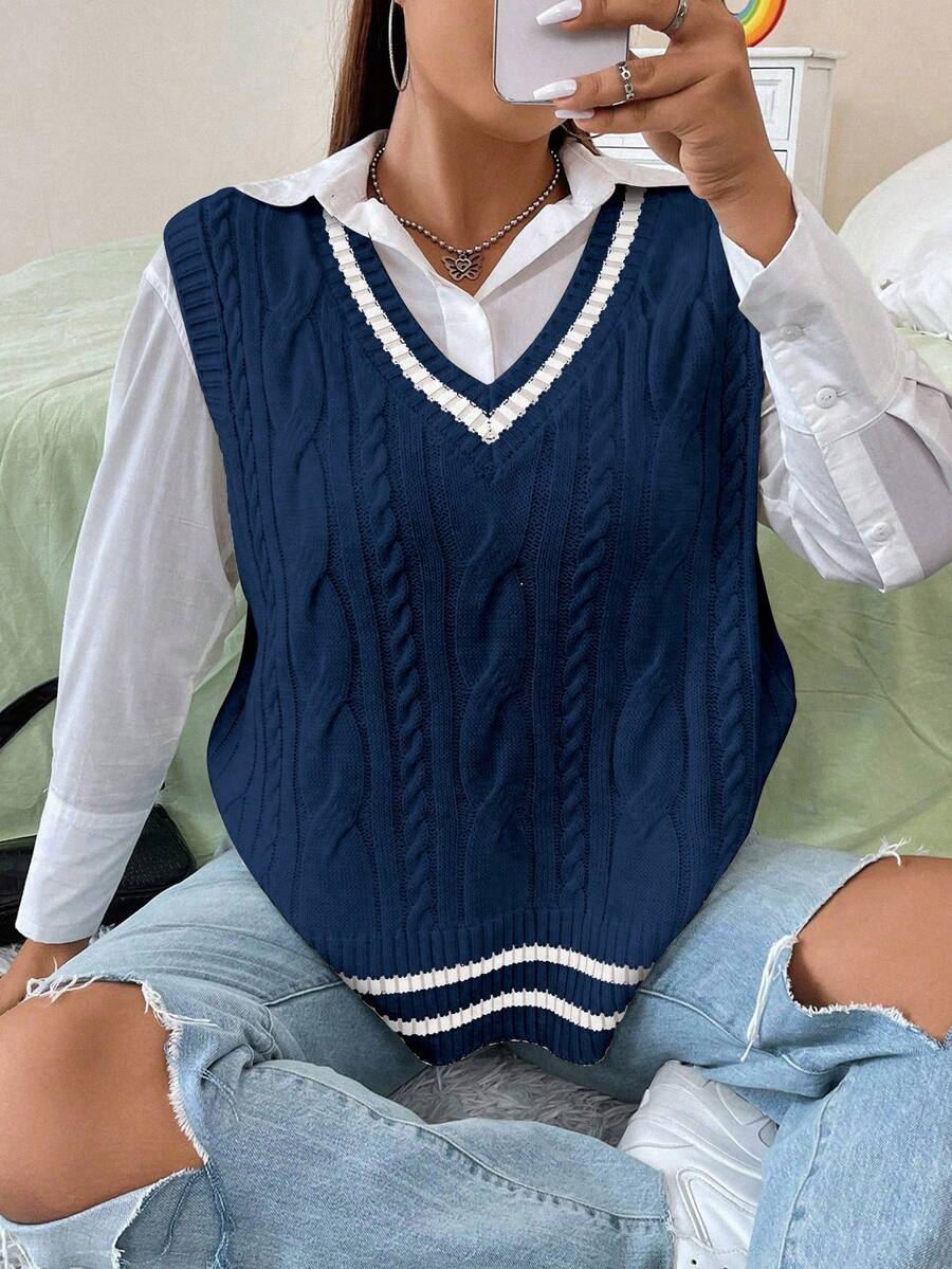 Vionelle Áo vest dệt kim sọc tương phản cỡ lớn thường ngày - Xanh đậm - Xem 1