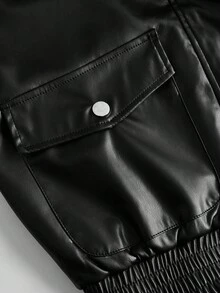 Maija Kids Maija Kids Jaket Kulit PU Berkerah Warna Polos untuk Remaja Perempuan, Cocok untuk Musim Gugur/Dingin - Hitam - View 6
