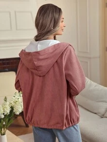 Louniche Jaket Corduroy Polos Wanita dengan Bulu Imitasi, Musim Gugur/Dingin - Dusty Pink - View 2