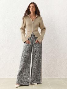 SHEIN Essnce 女式豹纹口袋阔腿宽松休闲牛仔裤 - 灰色 - 查看 6