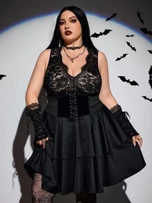 SHEIN CURVE+ Váy dự tiệc ngắn xòe ren ôm sát cổ chữ V cỡ lớn cho nữ, phong cách Gothic, phù hợp cho lễ Halloween Váy phù thủy Váy ren cỡ lớn Váy ma cà rồng/Mùa thu/Đông - màu đen - Xem 5