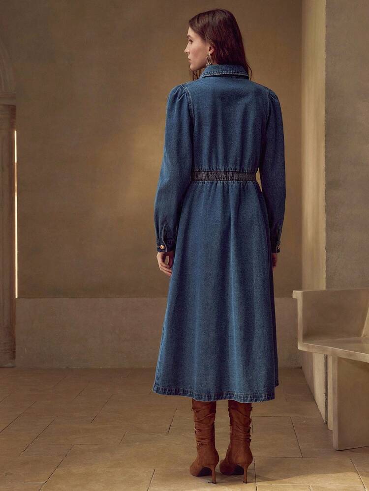 EMBROIDERY BUTTON UP SHIRRED WAIST DENIM SHIRT DRESS WITHOUT BELT FOR AUTUMN & WINTER