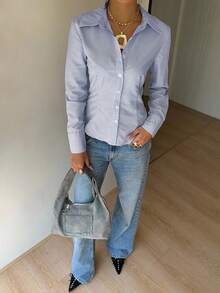 SHEIN EZwear Áo sơ mi dài tay bo gấu sọc hồng mới thu đông dành cho nữ - Màu xanh hải quân - Xem 3