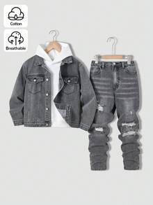 SHEIN Tween Boys' Casual Versatile All-Match Vintage Distressed Washed Comfortable Denim Set, Suitable For Daily Wear, New Arrival 2024 Fall Winter - Grey - View 8