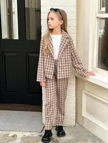 SHEIN Chaqueta de blazer caqui para niñas preadolescentes combinada con pantalones holgados a cuadros, conjunto cómodo y elegante para otoño/invierno - Caqui - Ver 4