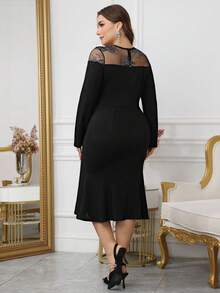 Modelyn Plus Size Long Sleeve Mermaid Fitted Knit Elegant Dress, Autumn/Winter - Black - View 2