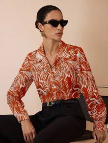 Shutterstock Glamance Glamance Shutterstock Multicolor Floral & Animal Print Casual Elegant Modest Blouse, Long Sleeve Collared Shirt For Women, Suitable For Daily Wear, Work, Outing, Office, Travel, Date, Party In Autumn/Winter Orange Shirt For Women Summer Shirts Woman Women Blouses And Shirts Printed Shirt Chic Stylish Clothing Collection
