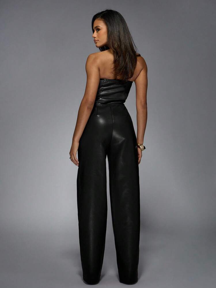 MISSGUIDED Kombinezon ze sztucznej skóry bez ramiączek, wieczorowe przyjęcie, szerokie nogawki, spodnie palazzo, jednoczęściowy, elegancki gorset, świąteczny, weselny, elegancki, klubowy, modny