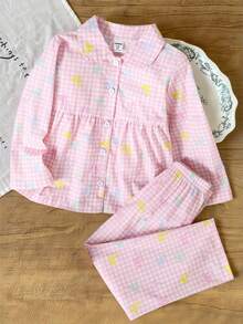 Young Girl' Classic Plaid Bow Ribbon Print Long Sleeve Top And Pants 2pcs Sets, Casual Comfortable Home Wear,Summer Travel - Multicolor - View 1
