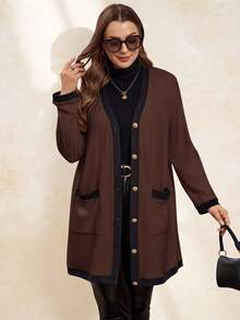 SHEIN Clasi Plus Size Women Elegant,Comfortable Metal Button Closure Long Warm Cardigan,Black & White,For Autumn,Office,Ladies Windbreaker,Business Casual Winter - Chocolate Brown - View 6