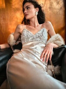 MOTF PREMIUM CONTRAST SEQUIN SLIM FIT CAMI DRESS FOR PARTY - Champagne - View 9