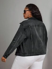 SHEIN SXY Áo khoác denim dài tay màu trơn cỡ lớn dành cho nữ, kiểu dáng thường ngày, thích hợp cho mùa đông. - màu đen - Xem 2