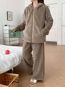 DAZY 女士加厚抓绒休闲连帽宽松家居服套装，秋冬保暖蓬松睡衣，舒适套装 - 卡其色 - 查看 7