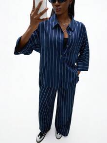 Aveloria Affinna 2pcs/Set Striped 3/4 Sleeve Loose Pants Commuting Elegant Women Outfit - Multicolor - View 3