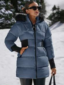 EURMUSE Padded Coat With Furry Hood And Adjustable Waist, Two Side Pockets, Thick And Fashionable Puffer Jacket, Quilting Details - Blue - View 1