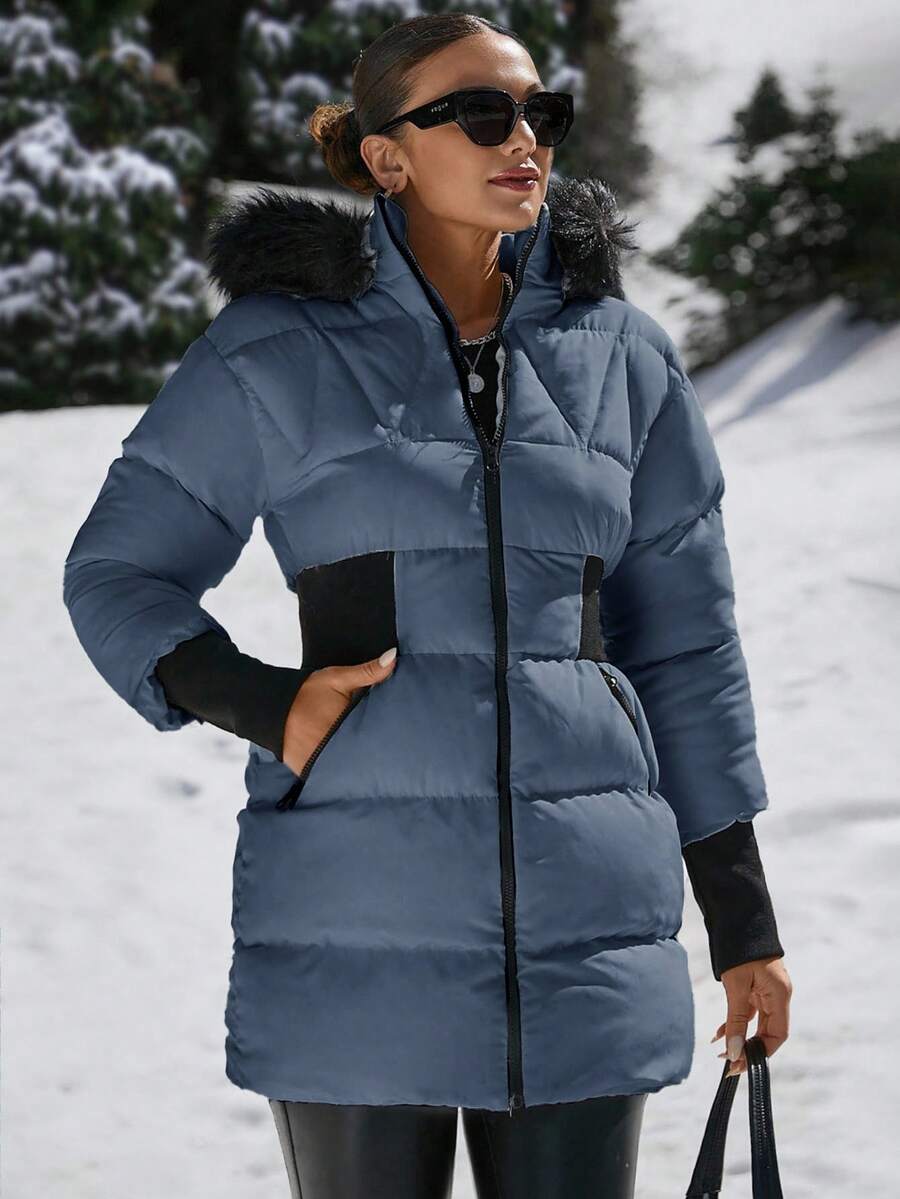 EURMUSE Padded Coat With Furry Hood And Adjustable Waist, Two Side Pockets, Thick And Fashionable Puffer Jacket, Quilting Details - Blue - View 1